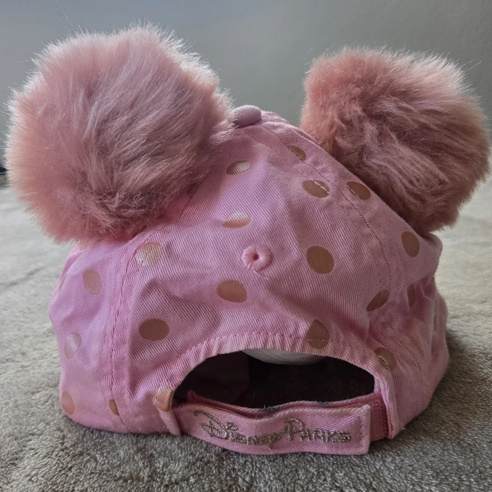 Disney Minnie Mouse Pink Polka Dot Fuzzy Pom-Pom Ears Baseball Cap, OS